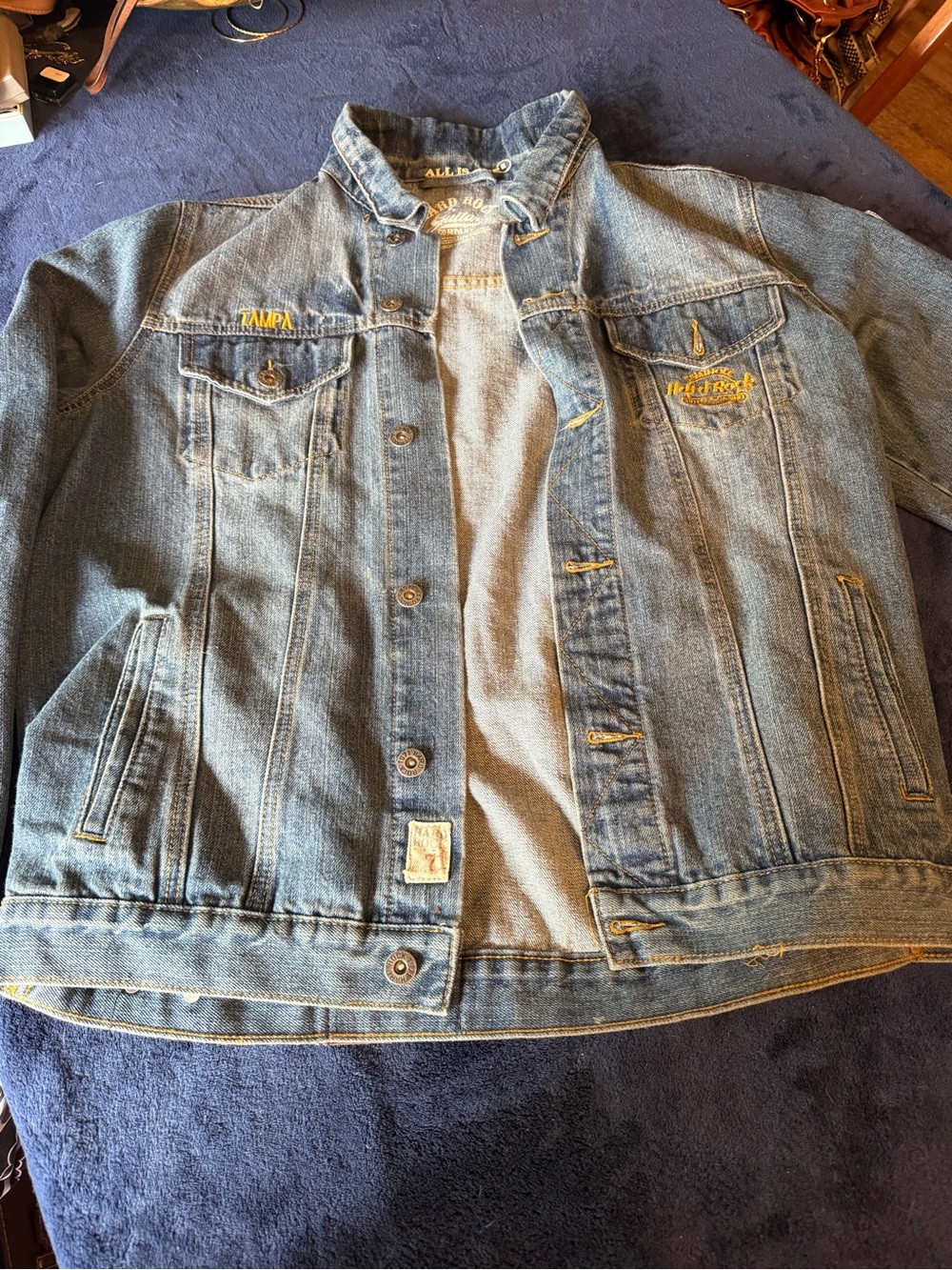 Hard Rock Cafe Blue Denim Jean Jacket with Yellow Embroidery